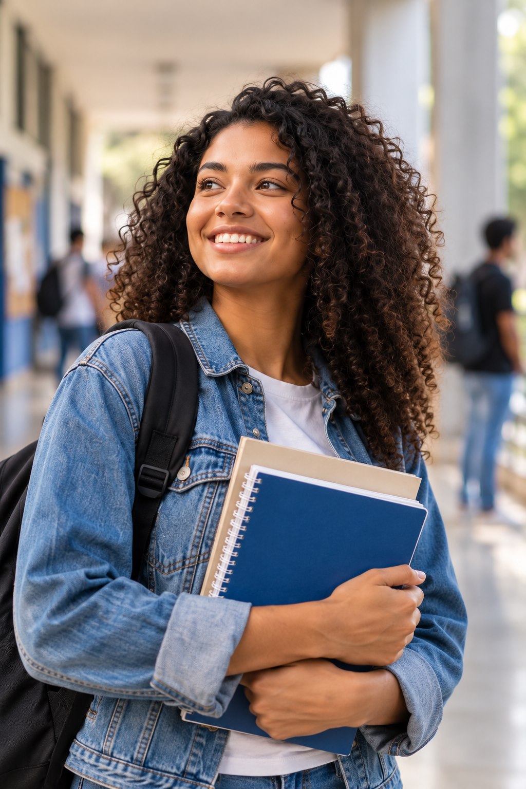 Estudante sorrindo com mochila e cadernos